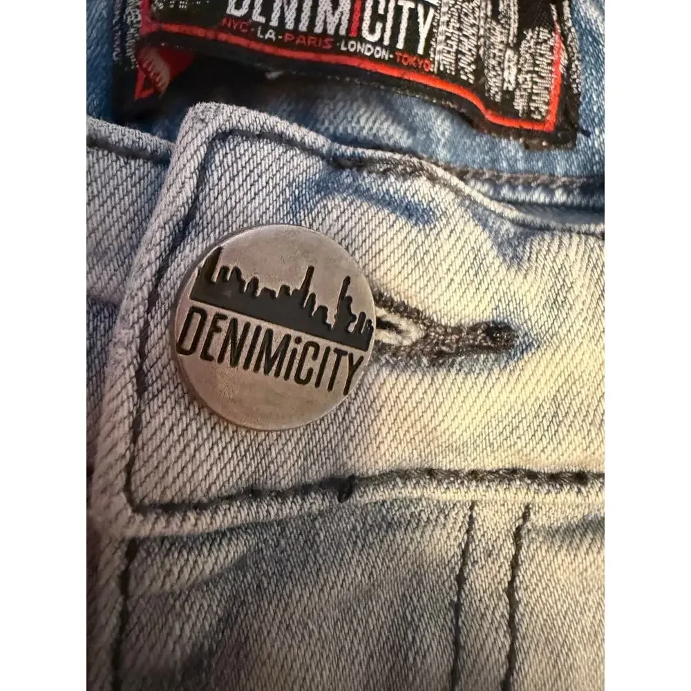 Denim City Patchwork Jeans Waist 34 Y2K Grunge Distressed Multi Print